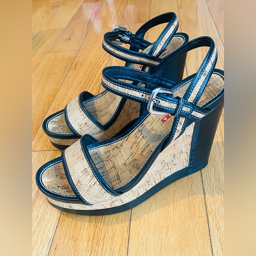 Prada Black and Natural Cork Wedge Sandals